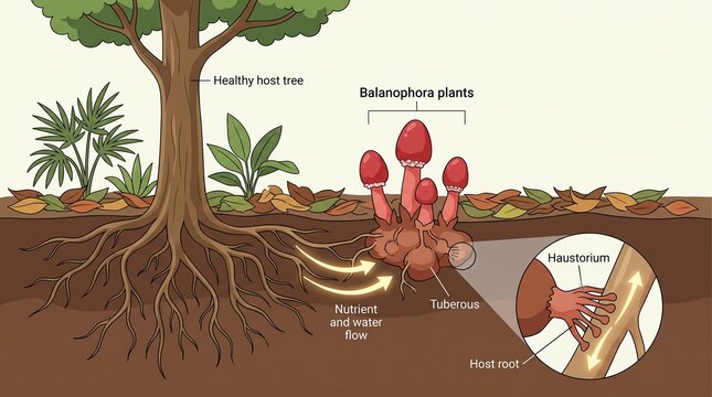 ツチトリモチが宿主の根から栄養を吸収する寄生メカニズム &mdash; 断面図ベクターイラスト