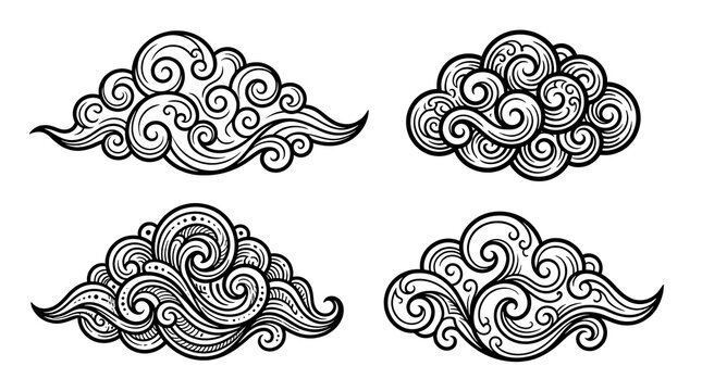 Set of stylized decorative clouds with traditional oriental swirl patterns in black ink