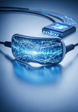 A futuristic neural interface headset rests on a metallic surface, glowing with blue light as digital data pulses through fiber optics, device, laboratory, electrode