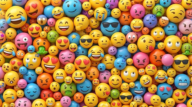 Colorful background with many different emoji faces and emotional expressions