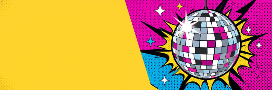 Colorful disco ball with starburst shapes and halftone dots on a bright abstract background. Retro party and nightlife design.
