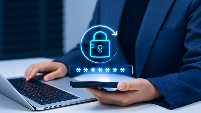 Password reset security and forgotten password recovery concept. Person using smartphone and laptop, showing digital lock, secure login, account protection, data privacy, and cybersecurity control.