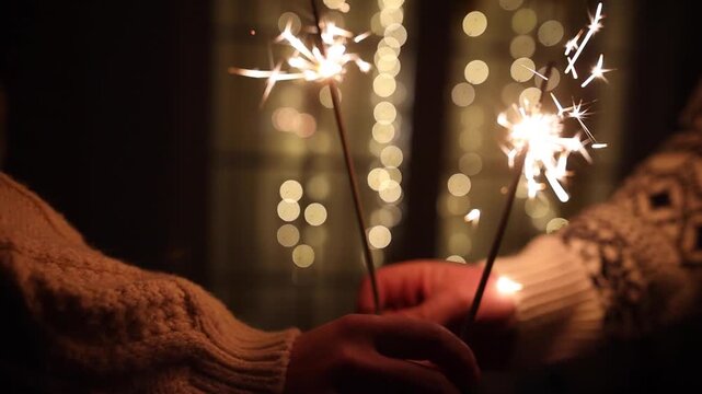 Hands Holding Sparkling Bengal Light on golden lights bokeh background, video. Magical New Year Celebration, Festive Sparkle, Winter Holiday Cheer