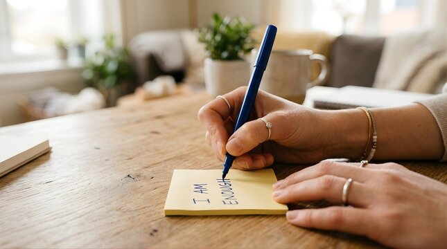Person writing positive affirmation note on yellow paper at wooden table