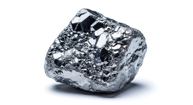 A heavy piece of natural zinc ore with a crystalline texture and metallic grey surface is isolated on a bright white studio background, crystal, heavy, chemical