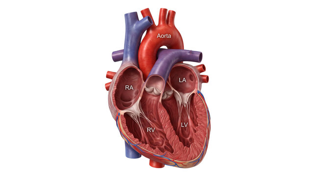 Anatomical human heart cross section with labeled chambers, medical illustration of cardiac internal structure, realistic 3D model of aorta and ventricles