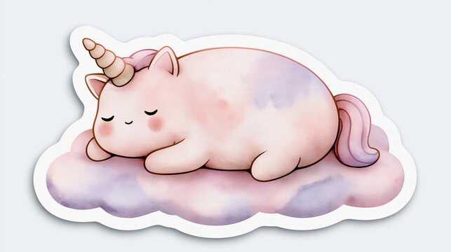 Cute Watercolor Sleeping Unicorn Cat on Pastel Cloud, Chibi Unicat Plush Style Kawaii Sticker Clipart, Fantasy Animal Illustration