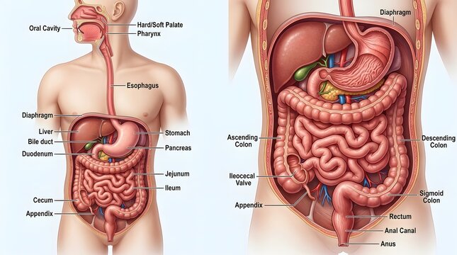 Detailed Anatomical Diagram of the Human Digestive System Showing Major Internal Organs for Medical Education and Biological Science Study