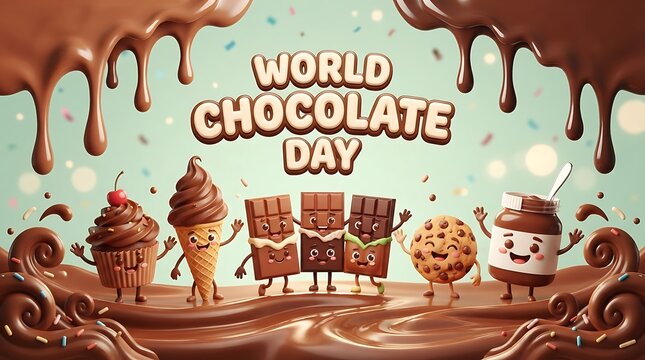World chocolate day celebration with cute cartoon sweets and chocolate drip