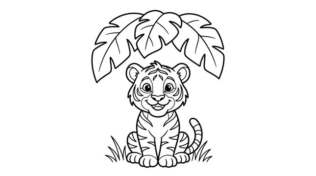 Cute tiger cub sitting under leaves