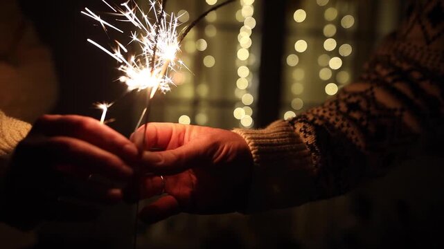 Hands Holding Sparkling Bengal Light on golden lights bokeh background, video. Magical New Year Celebration, Festive Sparkle, Winter Holiday Cheer