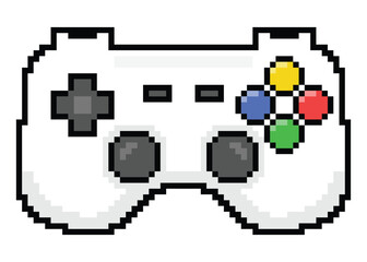 Game Controller Icon, Editable Vector Video Gamepad Design with D-Pad, Dual Analog Buttons, Colored Action Buttons and Pixel Art Style for Gaming Graphics  © Monu Sharma Design