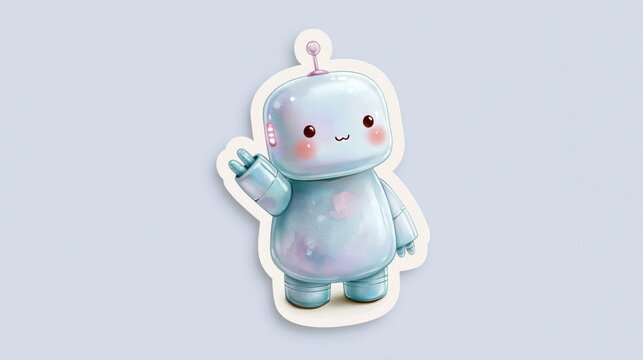Adorable watercolor chibi robot sticker waving, cute blue android mascot with kawaii face and pink blush on light background, digital clipart illustration, technology for kids.