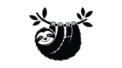 “Black and white vector illustration of a smiling sloth hanging upside down from a leafy branch, symbolizing relaxation, nature, and wildlife in cute minimalist cartoon design.” © VectorGlow