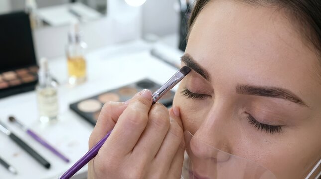 Professional eyebrow makeup application with brush close up