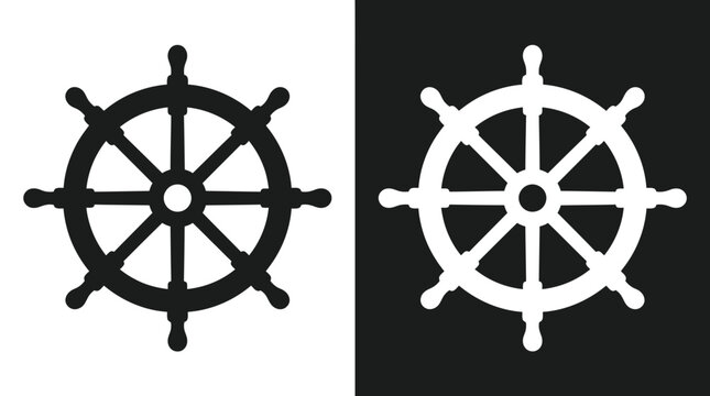 Nautical ship steering wheel icon vector set isolated on black and white backgrounds for maritime navigation concept
