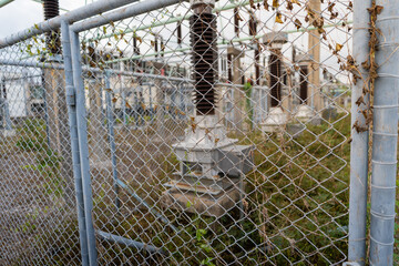 Featuring dried vines, a chain-link fence stands before high-voltage insulators and substation equipment in an outdoor switchyard. © JD Studio