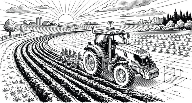 Automated smart tractor plowing agricultural field line art vector illustration.