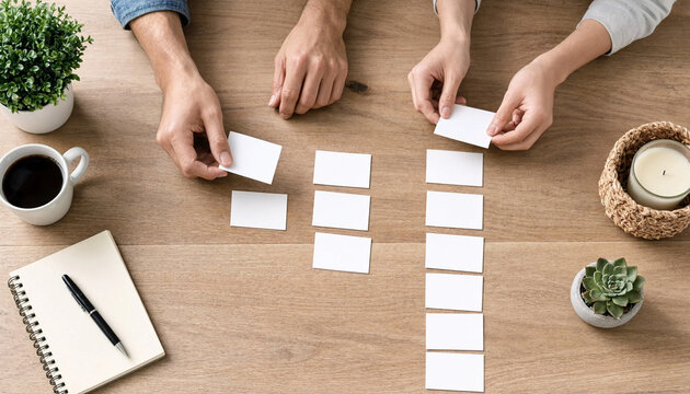 People arrange blank cards into columns on a wooden table during a planning or brainstorming activity, with coffee, notebook, candle, and plants nearby.