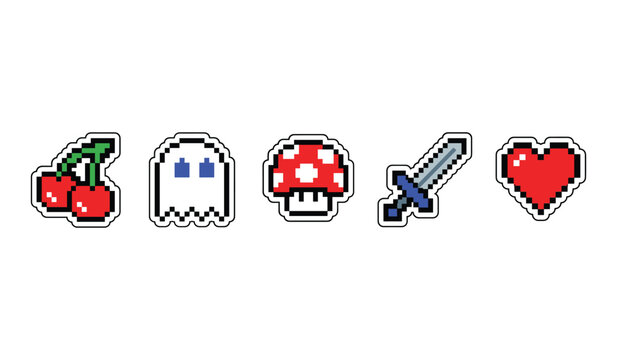 Pixelated retro game icons featuring cherries, ghost, mushroom, sword, and heart symbols
