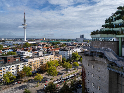 Aerial view of the St. Pauli Bunker with its rooftop garden and the Heinrich-Hertz-Turm in the background, overlooking the urban landscape of Hamburg, Hamburg, Germany.