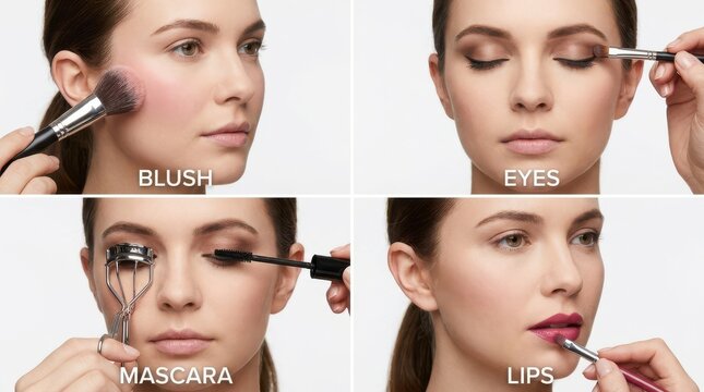 Four step facial makeup application beauty tutorial grid