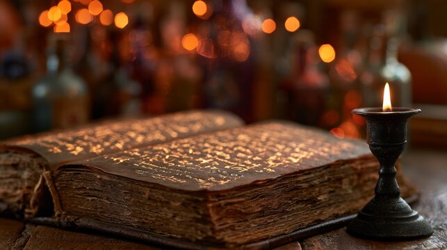 Open ancient magic book, Halloween concept.