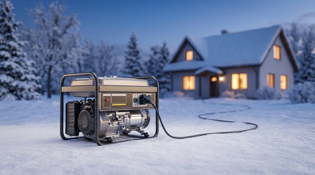 Portable generator provide backup power in snowy yard at dusk