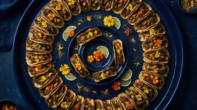 Overhead Dark Platter with Circular Mandala Pattern of Crispy Tacos