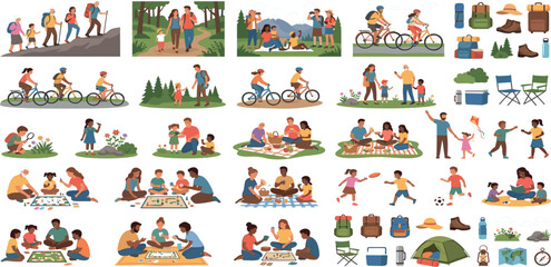 Naklejka premium Outdoor family vacation clip art bundle with camping gear and hiking illustrations