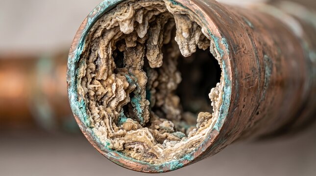 Close up of clogged old copper water pipe with limescale deposits and verdigris corrosion texture