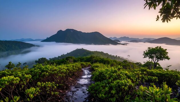 Misty Mountain Landscape at Sunrise with Lush Greenery and Foggy Valley Below