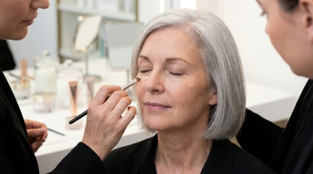 Elegant woman receiving professional eye makeup application