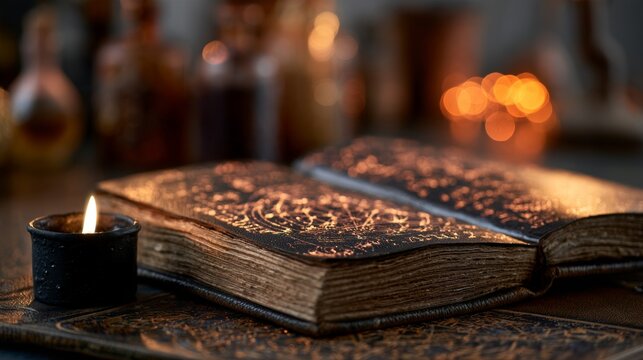 Open ancient magic book, Halloween concept.