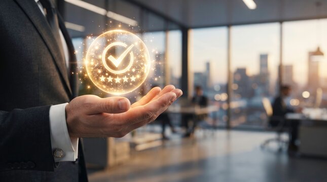 Quality Assurance Icon Held by Businessman