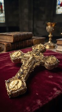 Ornate golden crucifix on velvet cloth with chalice and books