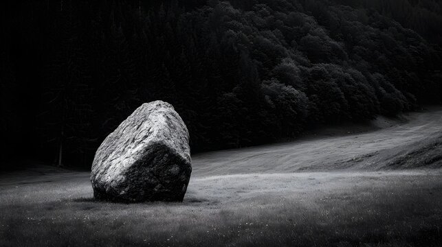 Large boulder in a grassy field with dense forest background