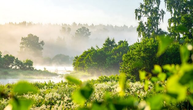 Misty summer morning landscape with river and green forest in sunlight