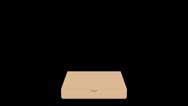 Animation of an empty pizza box opening and closing on alpha channel black background