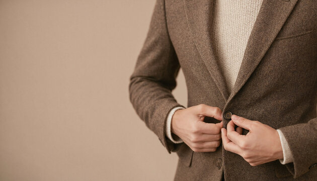 Adult man buttons a brown blazer over a light sweater against a plain neutral background, presenting a polished formalwear and fashion concept.