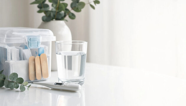 Digital thermometer, glass of water, and first aid supplies sit on a bright table beside eucalyptus branches, suggesting home healthcare and wellness.