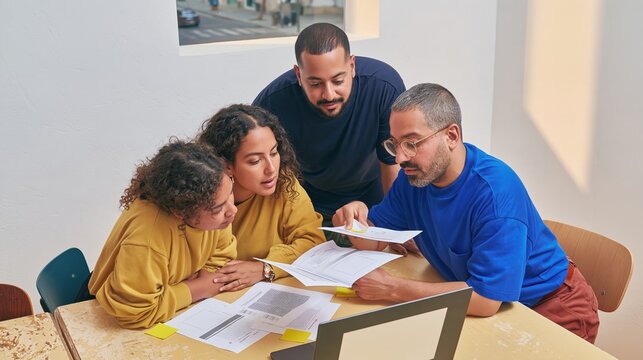 Floating application pages hover over a worn table as colleagues collaborate in a bright office for grant-making and NGO software