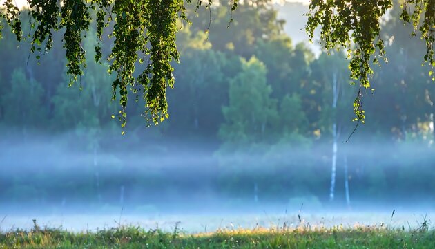 Ethereal morning mist gently blankets a serene forest lake, creating a tranquil and picturesque natural landscape scene