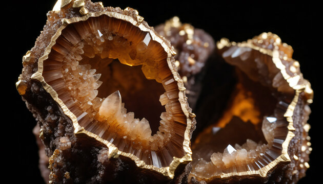 Macro close-up of polished agate geode slices with glowing amber crystal centers