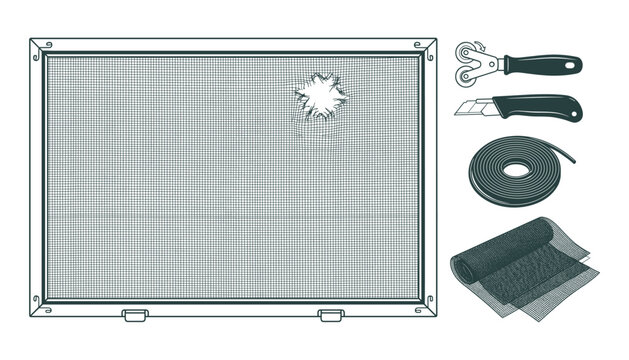 Window screen repair kit vector illustration with spline roller and utility knife.