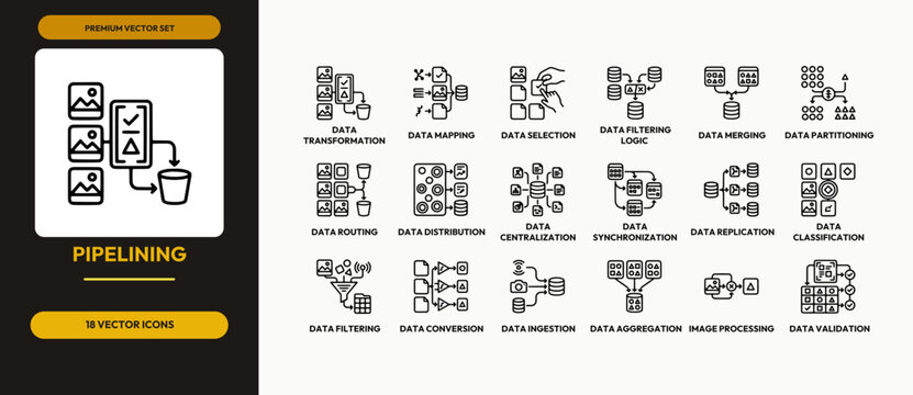 Pipelining vector icon set showing data ingestion transformation synchronization and filtering logic