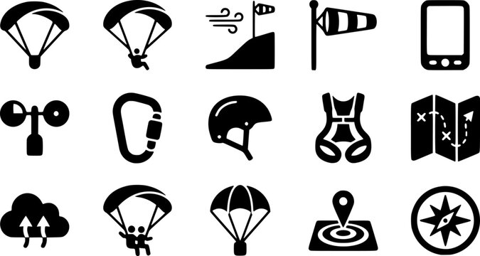 Black silhouette icons representing parachuting equipment and outdoor adventure activities