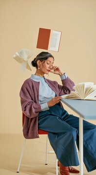 Reader with floating books in a minimal room, a surreal woman in a cozy purple cardigan and blue trousers for literary and conceptual art
