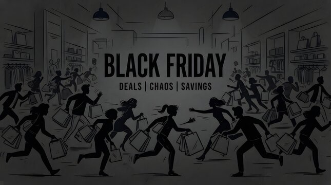 Black friday sale concept vector illustration with silhouettes of running shoppers and shopping bags
