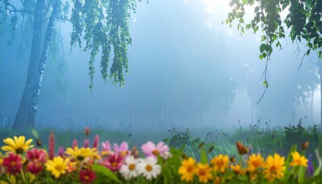 Enchanting misty forest landscape adorned with a vibrant tapestry of blooming wildflowers in spring